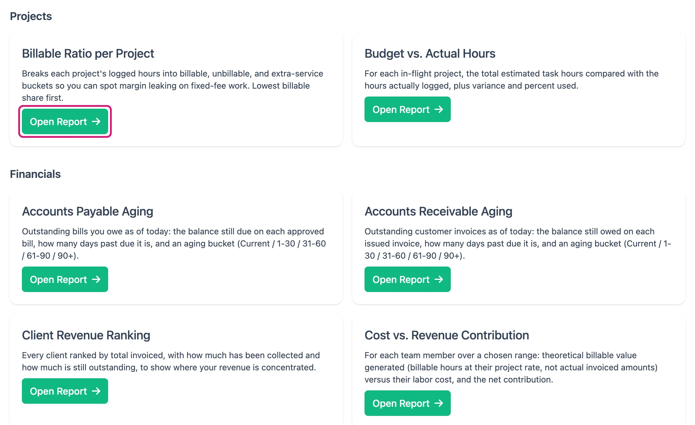 The Reports area listing reports grouped by category, with an Open button beside each one