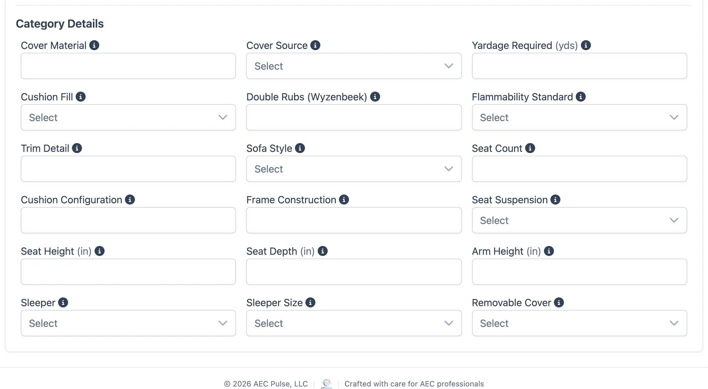 The Category Details section of the FF&E form, showing the fields belonging to the chosen category