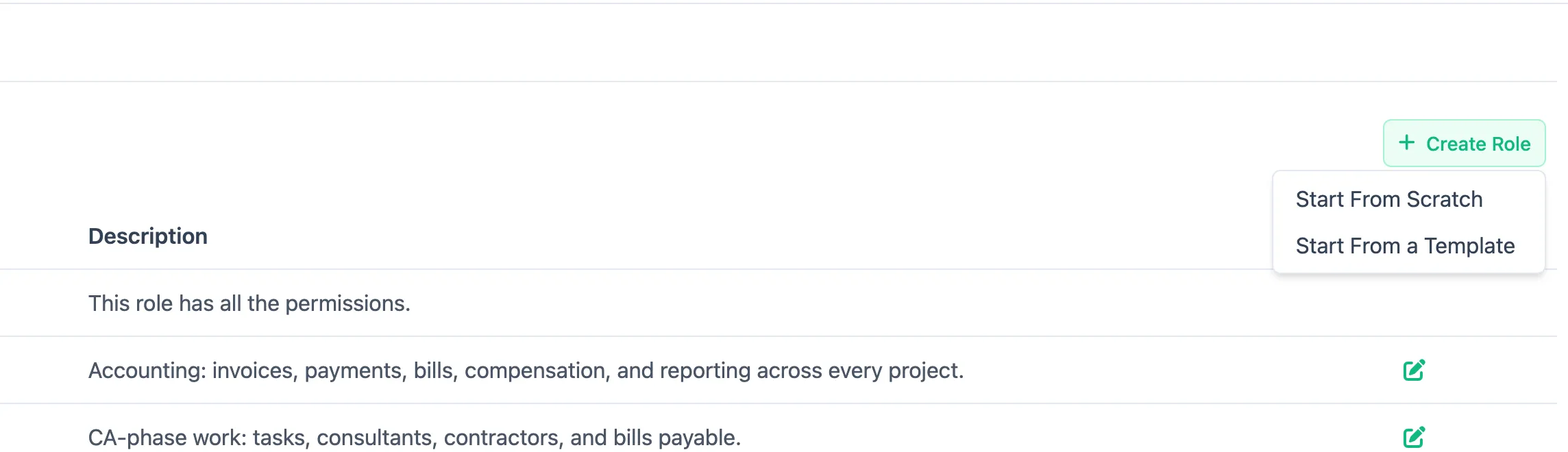 The Roles list with the Create Role menu open, showing Start From Scratch and Start From a Template