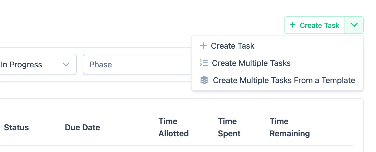 The Create Task button with its dropdown open, showing Create Task, Create Multiple Tasks, and Create Multiple Tasks From a Template
