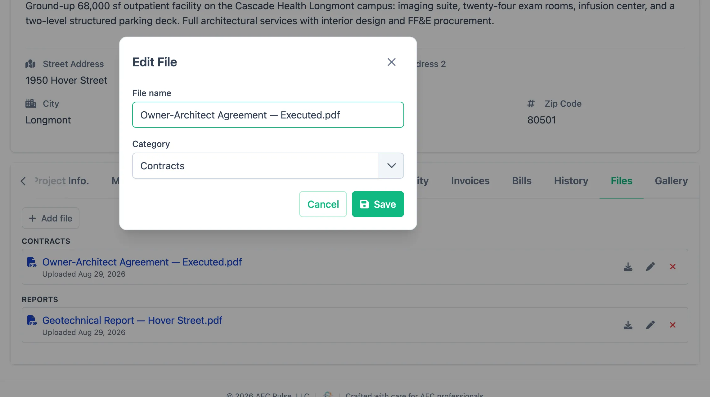 A project Files tab with files grouped under Contracts and Reports headings, and the Edit File window open
