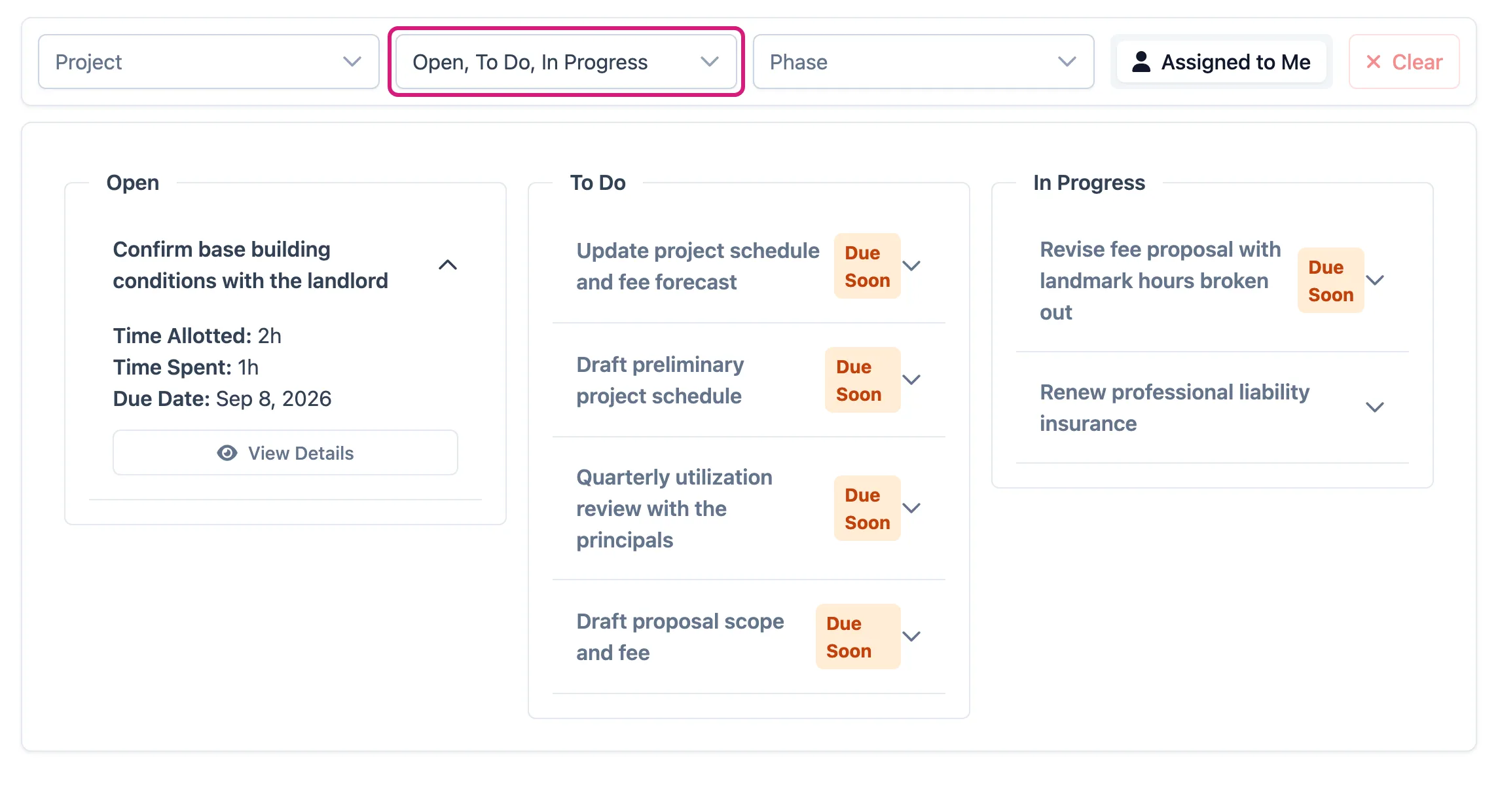 The Kanban board with the Status filter outlined, showing three columns matching the statuses selected in it