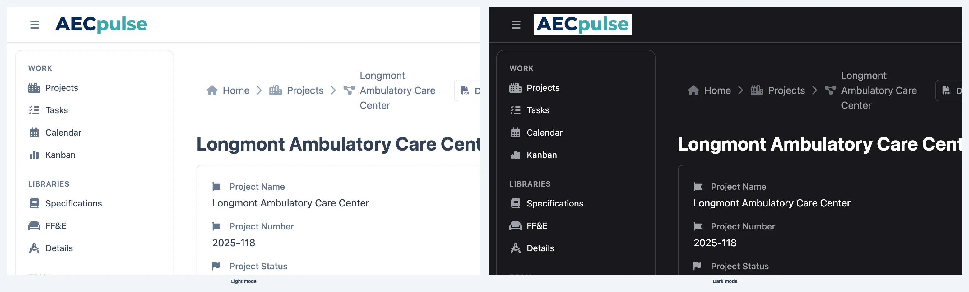 The same project page shown in light mode and in dark mode