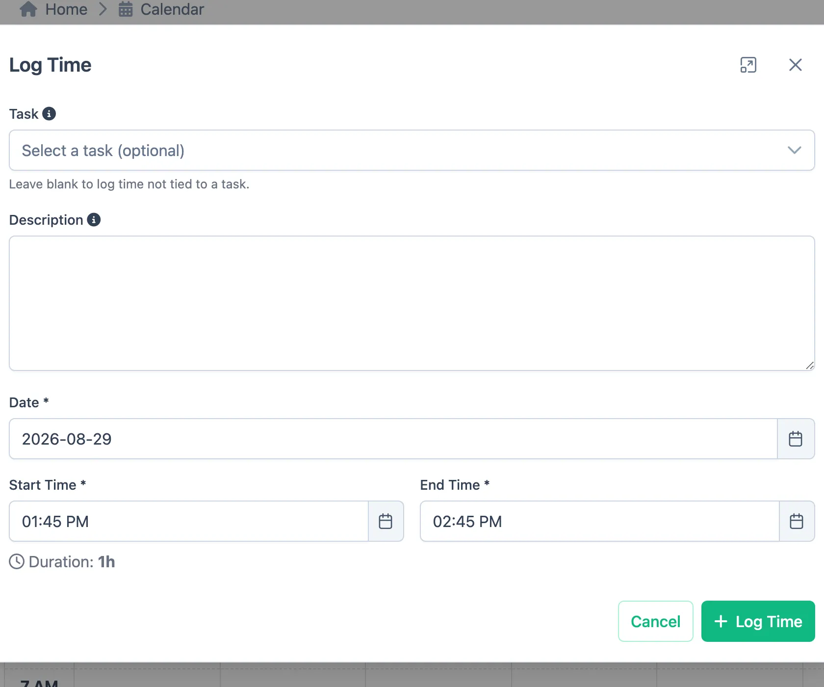 The Log Time window, with the task box reading Select a task (optional) and a note saying to leave it blank for time not tied to a task