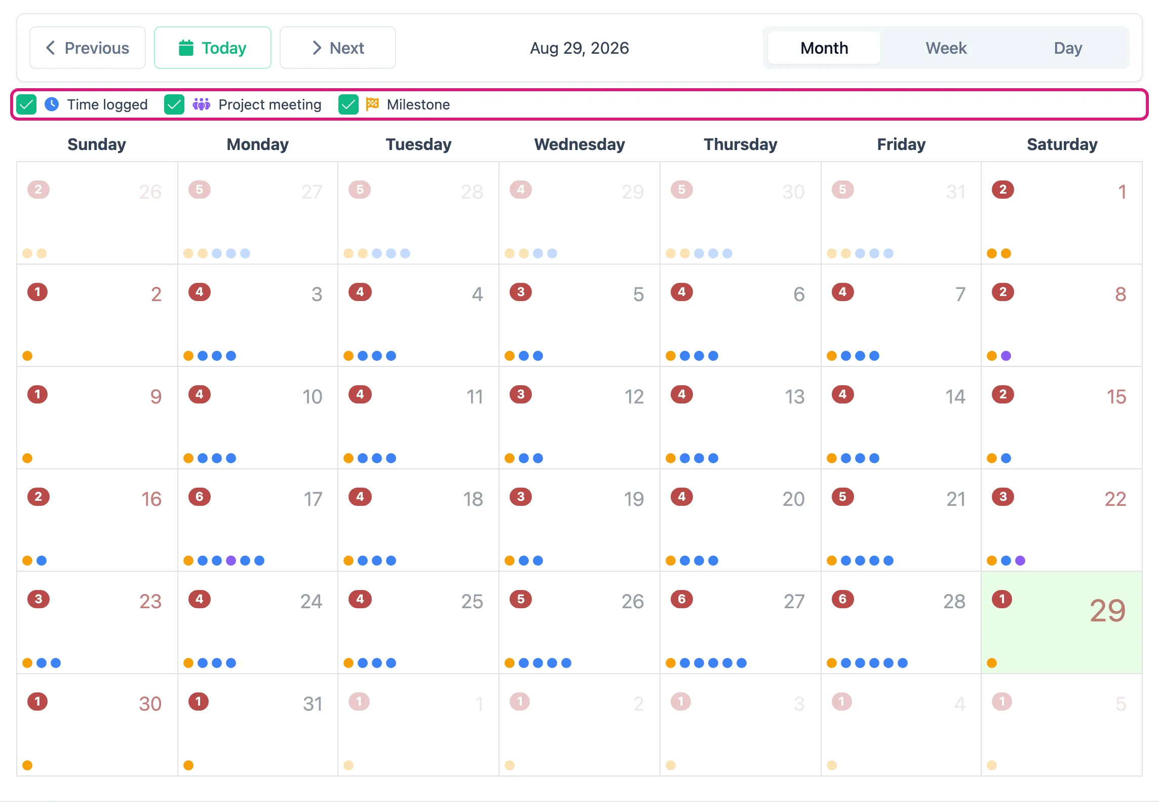 The calendar in Month view with the colour key above it outlined
