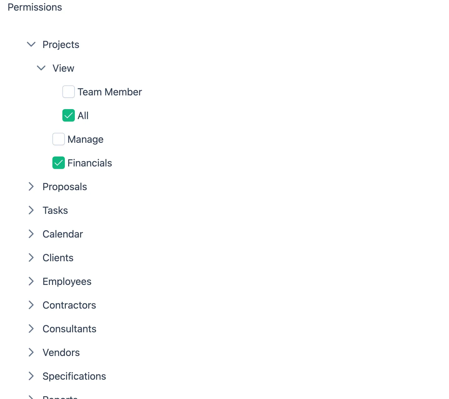 The permission tree with Projects expanded, showing group headings and tickable individual permissions