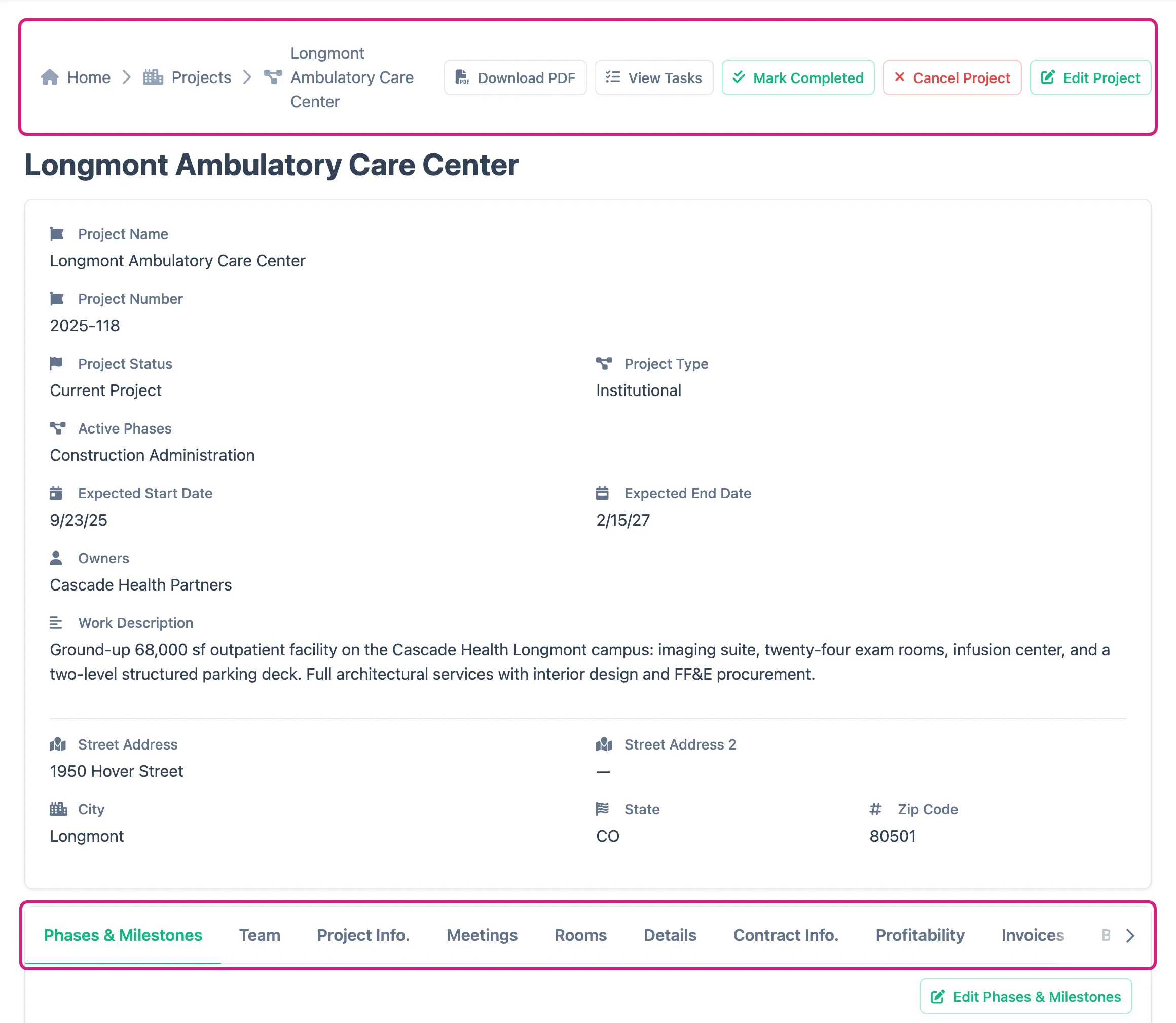 A project page with the button row above the tabs outlined, and the tab strip outlined below it