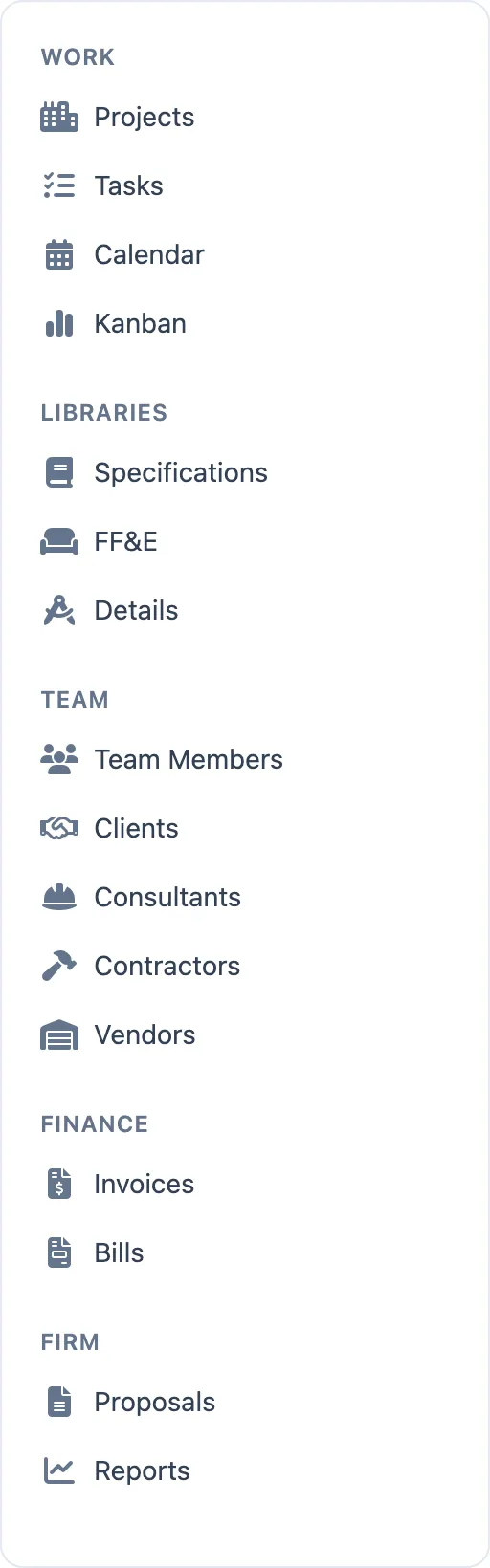 The AECPulse sidebar showing the Work, Libraries, Team, Finance, and Firm groups