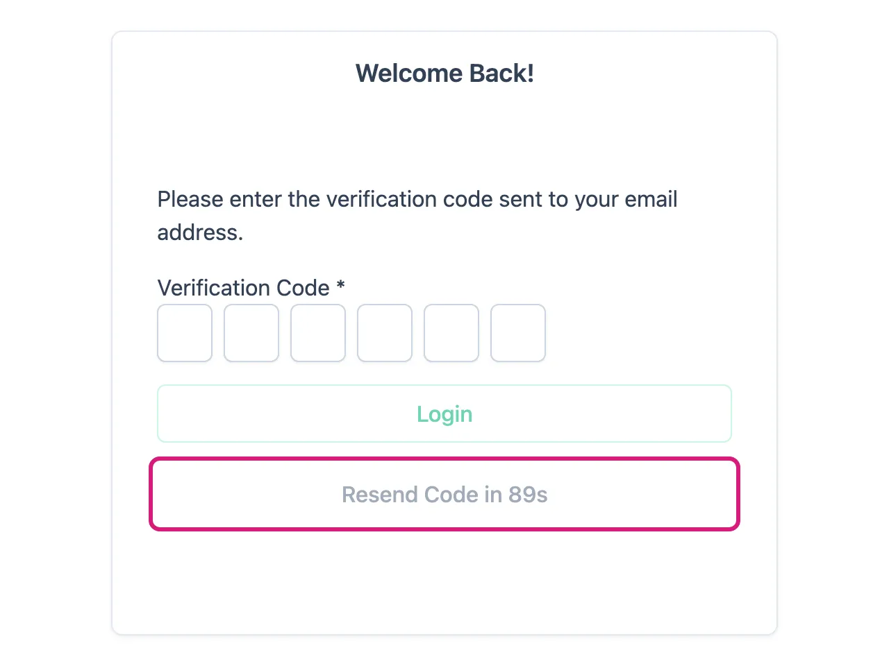 The verification code screen, with the Resend Code button counting down