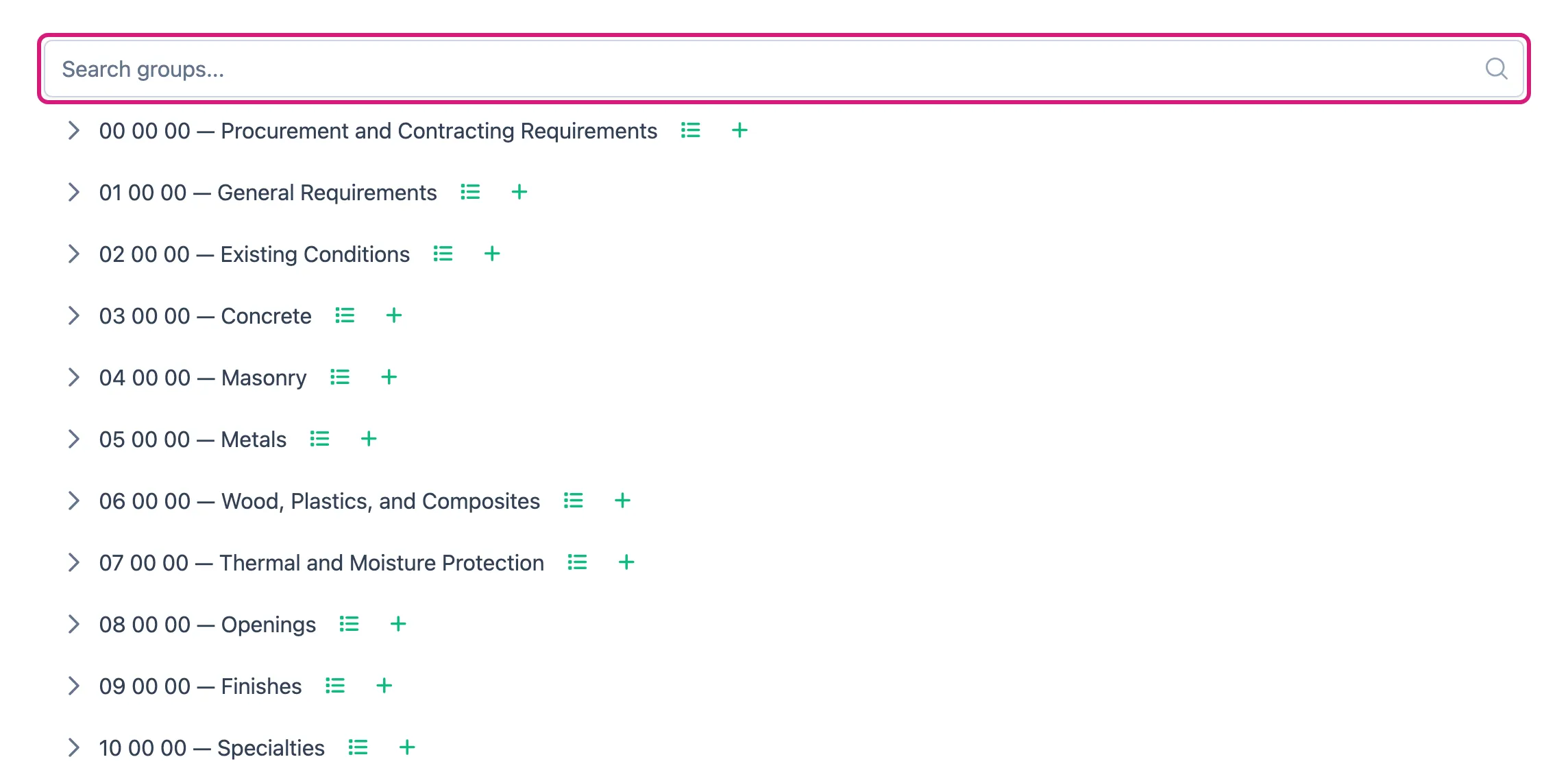 The specifications group tree with the search box outlined