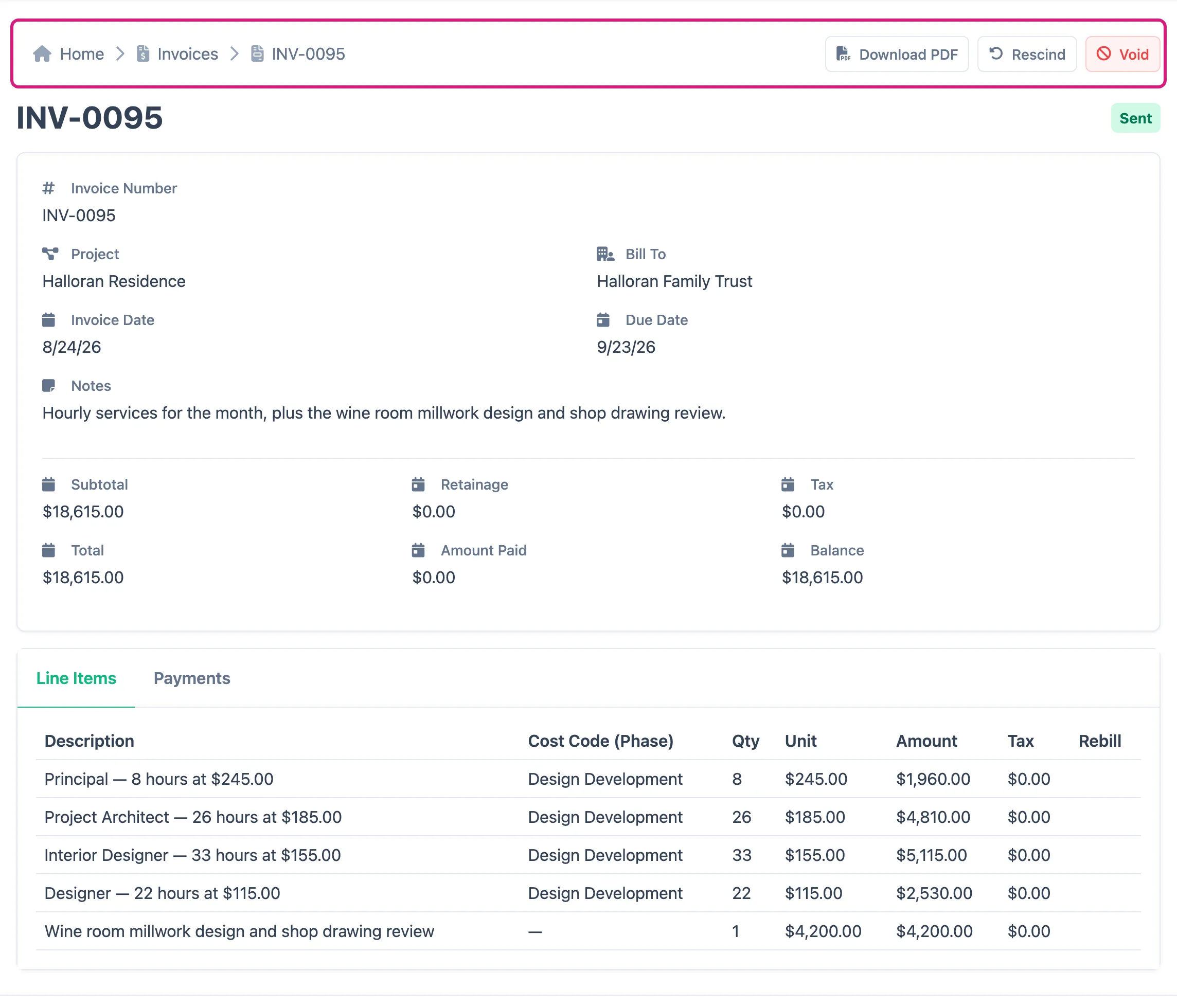 An invoice with its line items, the subtotal, retainage, tax and total block, and the status buttons at the top outlined